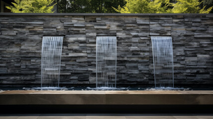 a dark slate wall with three waterfall water elements at 3/4 height; some spring landscaping elements showing behind; background image - Powered by Adobe