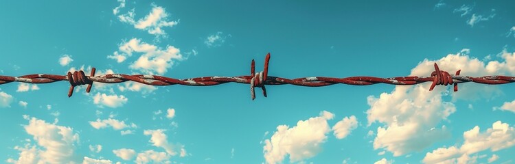 rusty barbwire close up on a blue sky with whit clouds on the sunny day - obrazy, fototapety, plakaty