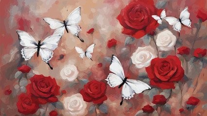 abstract painting of small butterflies flying over roses on a red and white garden background
