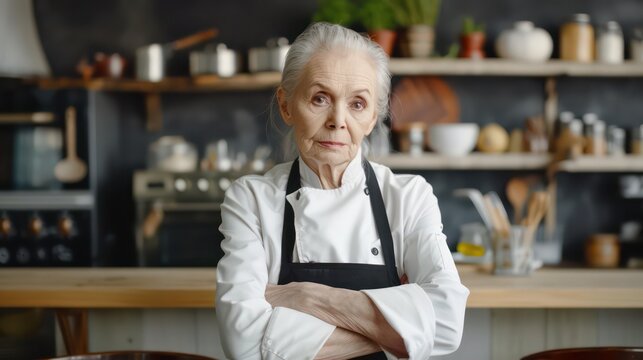 Seasoned Chef with a Lifetime of Experience - Elderly chef in apron shows wisdom and experience in a cozy kitchen. - Powered by Adobe