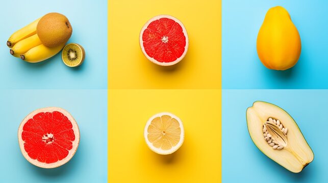 The bright colorful image is a collage of pieces of different fruits including grapefruit, banana, orange or kiwi. Top view. Products for healthy eating. Design for card, cover, brochure, presentation