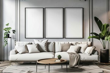 Stylish Living Room with Framed Wall Art Mockup, Modern Interior Design