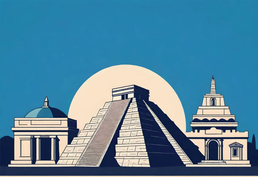 a vector illustration of the chichen itza pyramids surrounded by another mexico landmarks buildings
