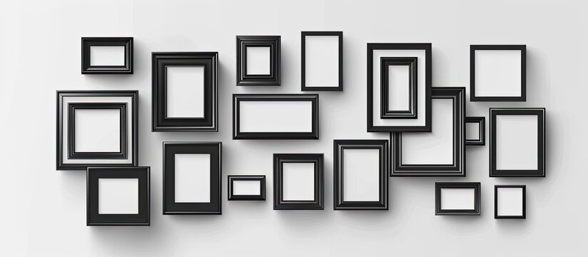 A collection of rectangular picture frames hang on the wall, creating a symmetrical pattern. The monochrome artworks add a touch of elegance to the rooms decor