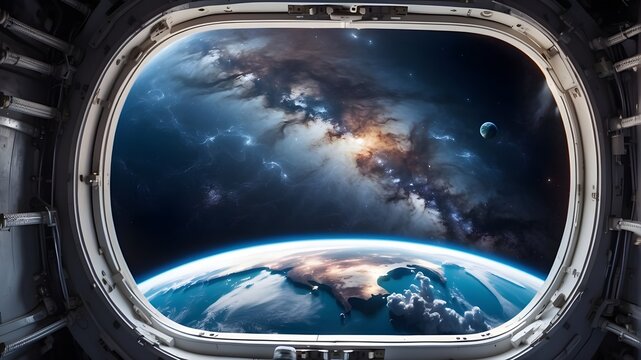 Earth and galaxy through the porthole of the International Space Station spaceship. NASA provided some of the image's components.