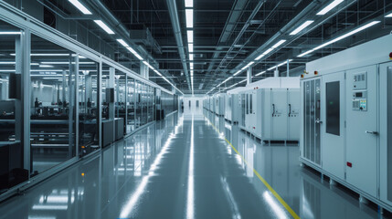 A telecommunications equipment manufacturing facility with assembly lines and testing stations, momentarily inactive but capable of producing cutting-edge devices