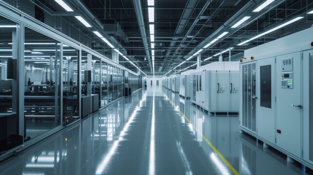 A telecommunications equipment manufacturing facility with assembly lines and testing stations, momentarily inactive but capable of producing cutting-edge devices