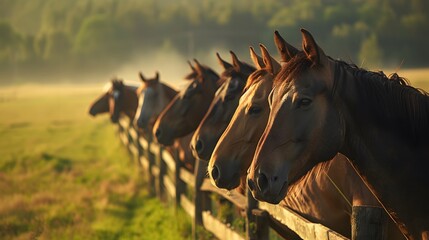 lineup of horses - horses putting their heads together - equestrian group - horses on a field behind a fence - obrazy, fototapety, plakaty