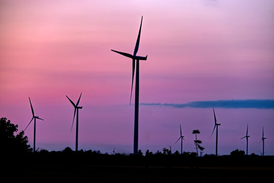 Busy wind turbines at dawn busy generating power , Lucknow, ON, Canada