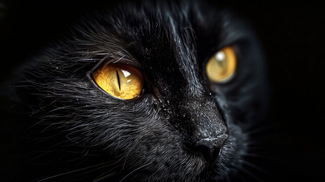 Close up photo of a black cat with yellow irises while focusing on stalking