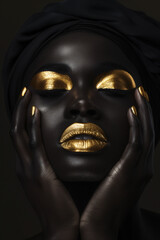 Black and gold makeup on the face of an African woman 