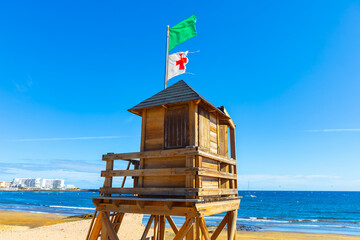 Lifeguard tower on beach in a beautiful summer day. Playa del Medano in Tenerife, Canary Islands