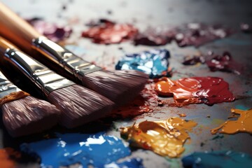 Closeup of paintbrushes with various colors on an artist's palette with splashes and smudges around...
