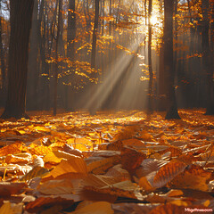 Sunset in the forest on an autumn day, with dead and fallen leaves