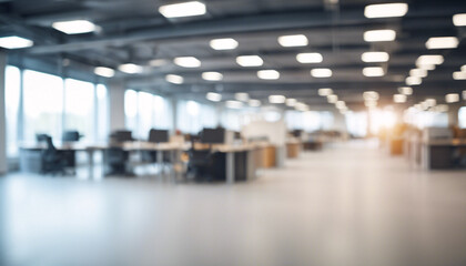 Defocused Modern Office Interior with Stylish Furniture, Bright Lighting, and Open Space, Featuring Abstract Design and Urban Architecture for Corporate, Business, and Professional Workspaces