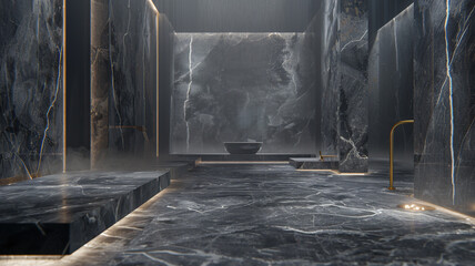 A luxury spa interior where the floors and walls are clad in dark gray marble with subtle gold and white veining. 