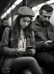 A young woman in her early twenties, dressed in casual clothes and a beret, sits on the subway next to an older man, both looking at their phones. Black and white film photography.