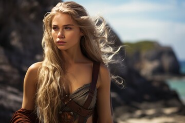 Beautiful young woman with long blonde hair, wearing brown leather armour and standing on rocky beach with copy space.