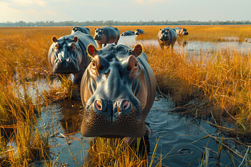 A group of hippos in the waters of a river in summer - obrazy, fototapety, plakaty
