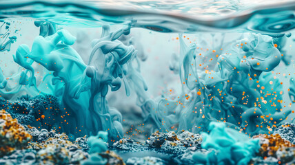 Fototapeta na wymiar A tranquil abstract fluid ink background with turquoise and coral splashes, reminiscent of a tropical reef under clear water. 