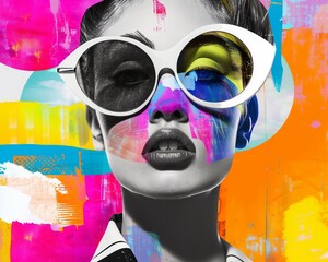 This image features a dynamic abstract art collage with a central obscured portrait, bursting with vivid colors and eclectic designs.