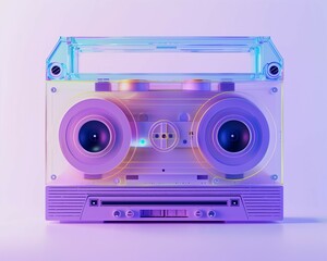 Fototapeta premium This image features a classic boombox with a modern holographic twist set against a vibrant purple backdrop, symbolizing a fusion of past and future.