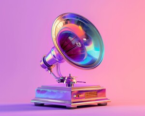 A vintage gramophone with shimmering iridescent hues, set against a striking pink-to-purple...