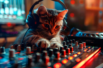 Cat dj with professional headset using a professional music mixing board. Dj cat playing with a dj...