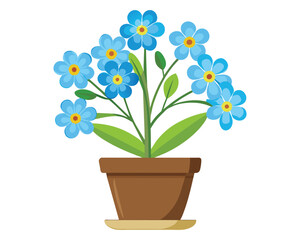 House Plant with Tender Blue Blossom in Clay Pot Vector