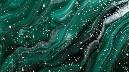 A vivid, liquid abstract marble painting background with a deep emerald green base and sparkling silver glitter splatter texture - obrazy, fototapety, plakaty