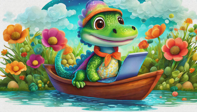 OIL PAINTING STYLE CARTOON CHARACTER CUTE baby alligator game of lap top