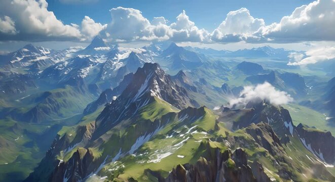 Tranquil 4k video footage capturing the serene ambiance from the top of a mountain, rendered in enchanting anime style, providing an immersive experience.