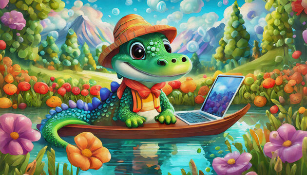 OIL PAINTING STYLE CARTOON CHARACTER CUTE baby alligator game of lap top