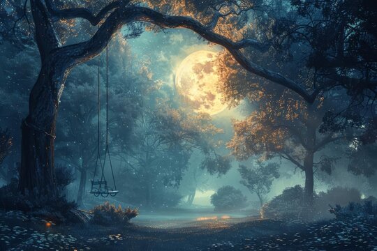 Mystical moonlit night with a lonely swing in a fantasy forest, surreal digital painting