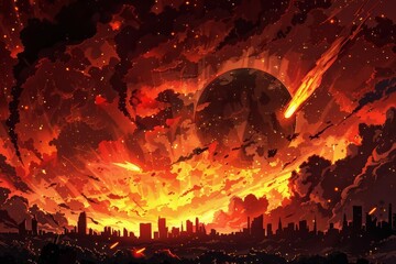 Apocalyptic scene with fireballs falling from red sky, doomsday illustration