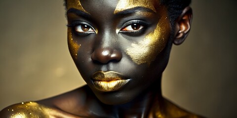 portrait of a black woman's face in golden paint fashion rich look isolated