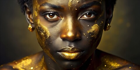 portrait of a black woman's face in golden paint fashion rich look isolated