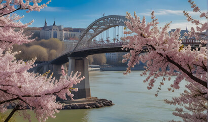 Spectacular spring blooming trees and Liberty Bridge in Budapest