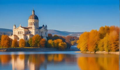 Esztergom, Hungary - Beautiful autumn morning with the Basilica of the Blessed Virgin Mary at Esztergom by the River Danube. Autumn colors and reflections of the Basilica are mirrored in water