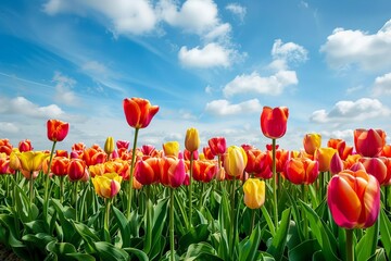 Panoramic view of colorful tulip fields under sunny spring sky, nature landscape