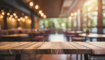 Vintage Fusion: Empty Wooden Table in Blurred Restaurant Background