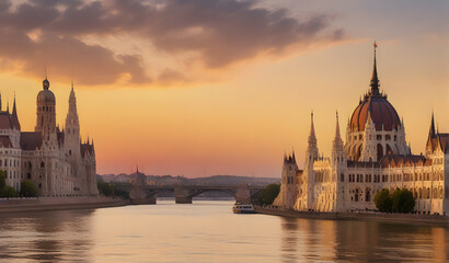 Hungarian parliament, Budapest at sunset (mirror)