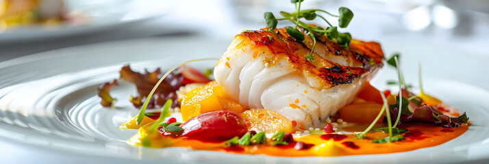 Appetizing Gourmet Monkfish Dish Creatively Plated With Colorful Vegetables - obrazy, fototapety, plakaty