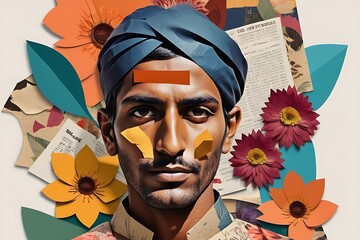 Handsome Indian Man Retro Trendy Paper Collage Composition, Modern Aesthetics