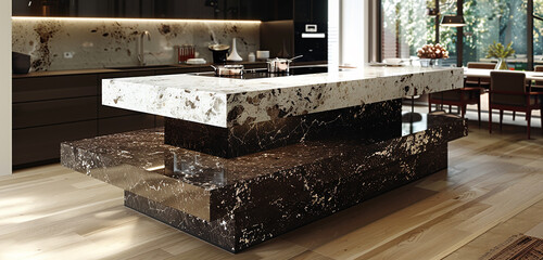 Fototapeta na wymiar A dual-tiered kitchen island, with a base of dark marble supporting a higher level of sparkling white marble. 32k, full ultra HD, high resolution