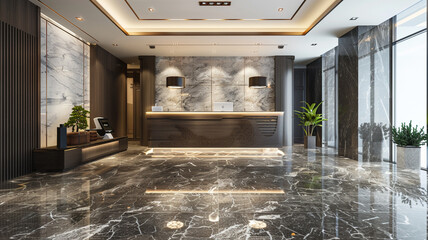 Hotel lobby interior with reception desk, marble floor