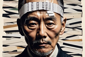 Handsome Old Korean Man Retro Trendy Paper Collage Composition, Modern Aesthetics
