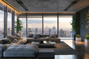 Sleek modern penthouse living room with expansive windows, luxurious city view, zoom background, 3D illustration - obrazy, fototapety, plakaty