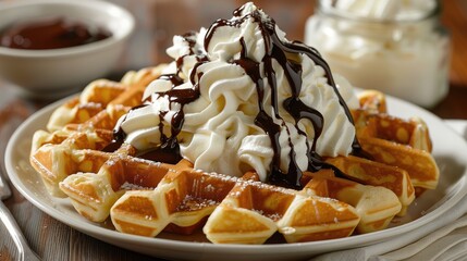 A dish of waffles topped with whipped cream and chocolate sauce