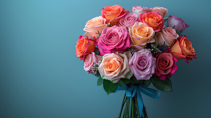Bouquet of colorful rainbow colored roses decorated